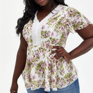 Torrid Peplum Chiffon‎ floral fairy Lace Inset blouse light weight feminine